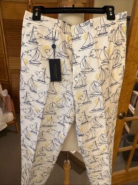 Lilly Pulitzer White Pants with Navy Sailboat & Yellow Sun Accents